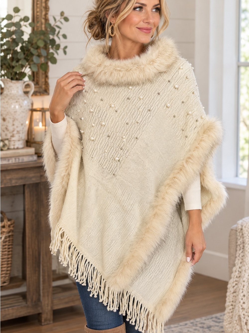 Anthropologie Ivory Faux Fur-Trim Pearl Poncho